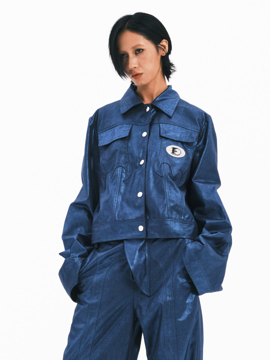 EMBRYO BLUE SPIKE metallic bell-sleeve jacket — front product presentation