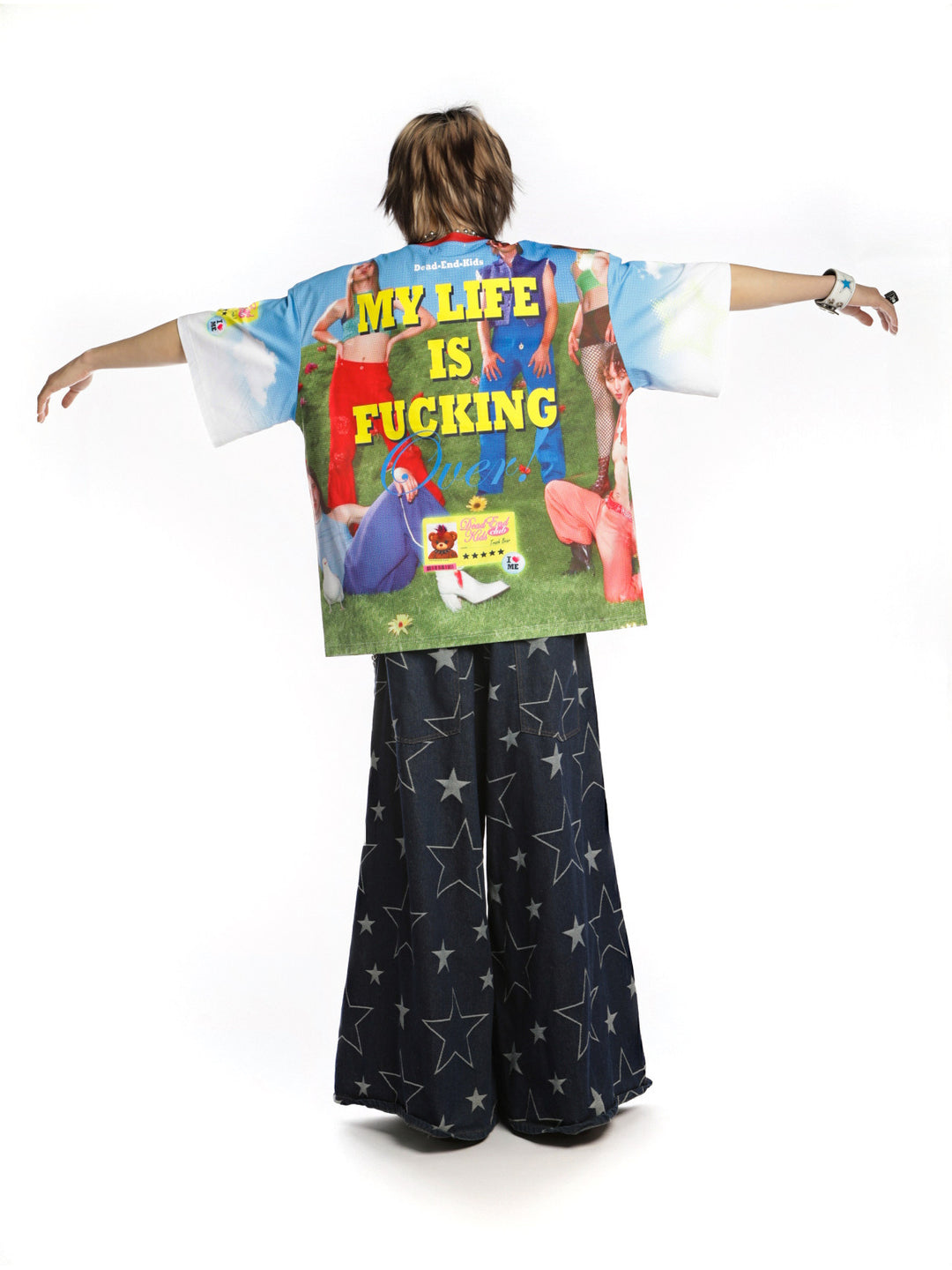 DEADENDKIDS TRASH BEAR oversized graphic tee — rear modeled view