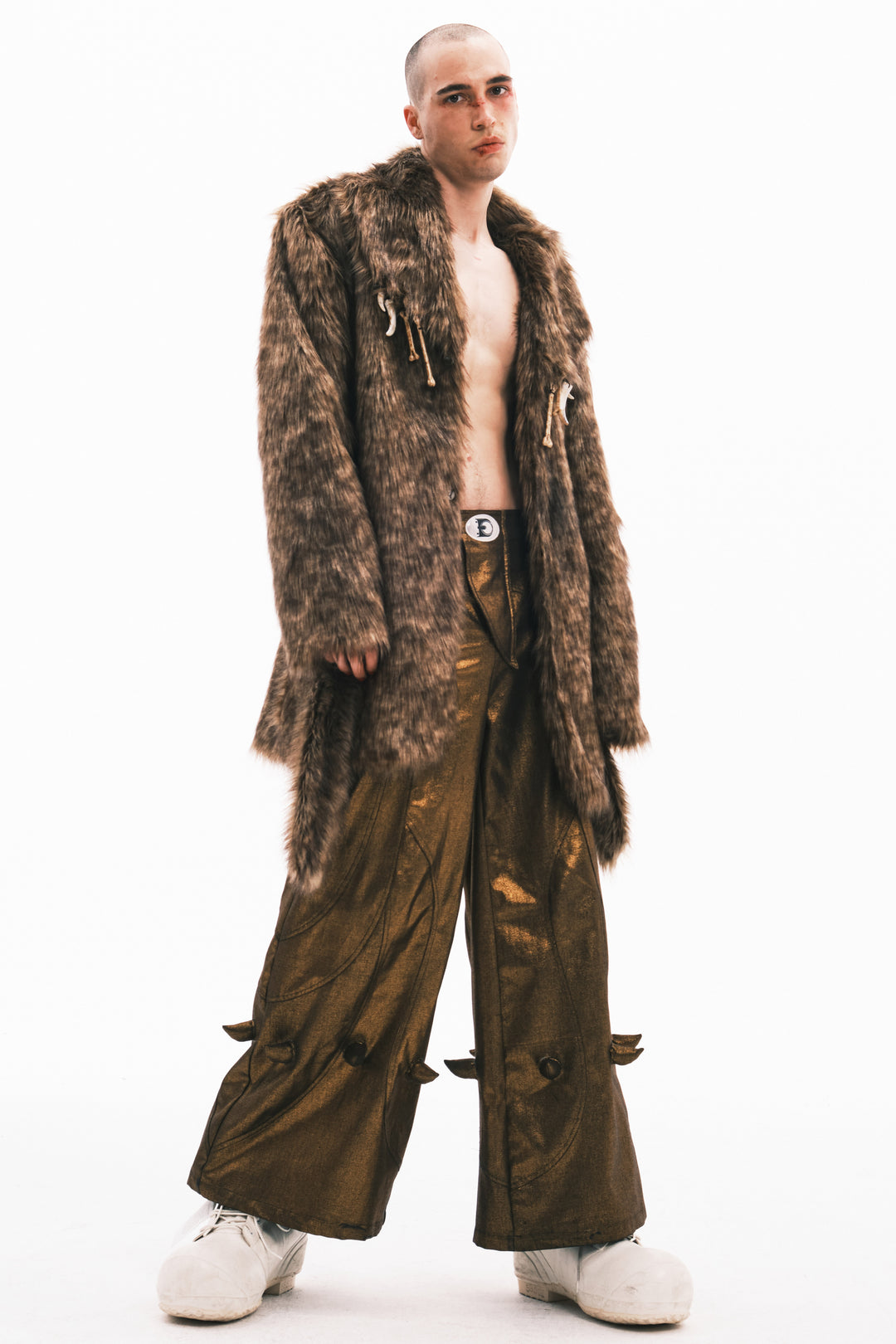 EMBRYO PRIMAL BONE mid-length faux-fur coat — alternate modeled angle
