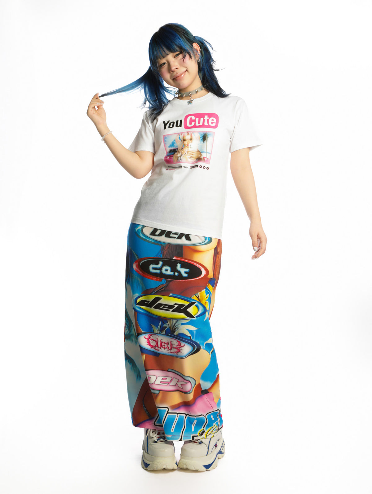 DEADENDKIDS YOUCUTE fitted graphic tee — side or detail presentation