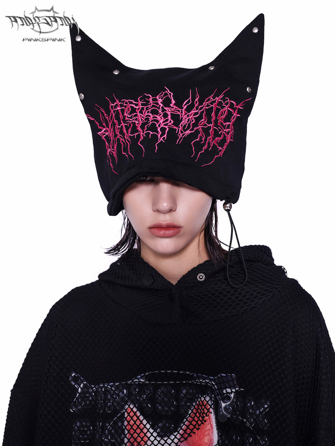 PINKSPINK SPHYNX embroidered cat-ear knit hat — full-length modeled styling view