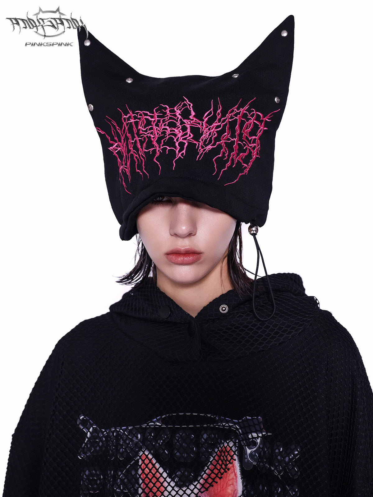 PINKSPINK SPHYNX embroidered cat-ear knit hat — full-length modeled styling view