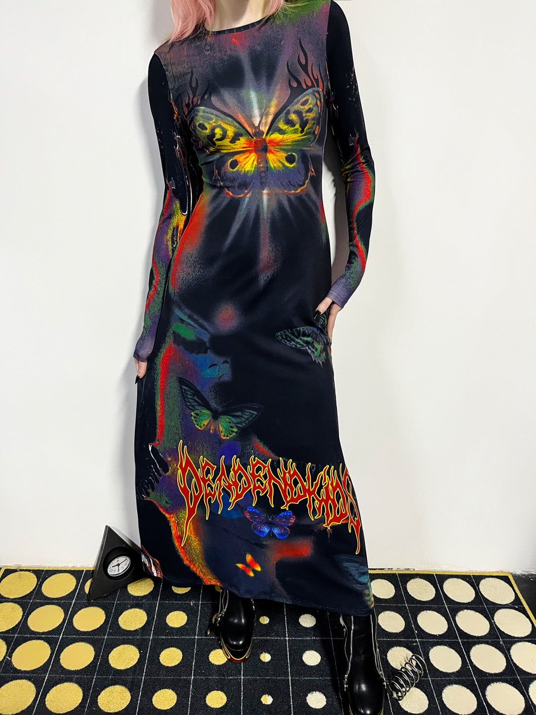 DEADENDKIDS BUTTERFLY GOTH fitted long-sleeve maxi dress — rear modeled view