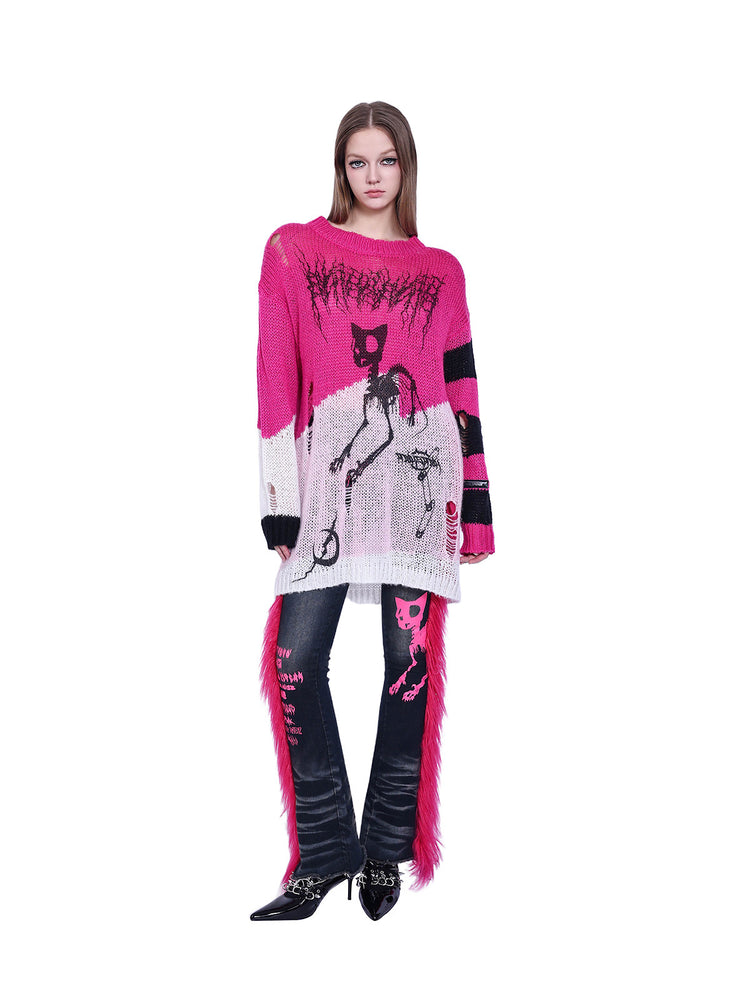 PINKSPINK SPHYNX distressed striped graphic sweater — pink graphic sweater — full-length front modeled view