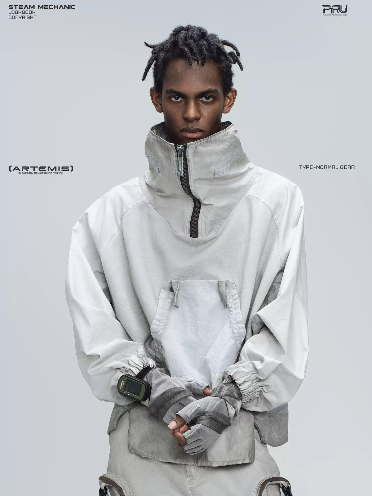 PIONEER eris white detachable-pocket utility hoodie in eris white — front close-up modeled view with hands clasped and raised collar