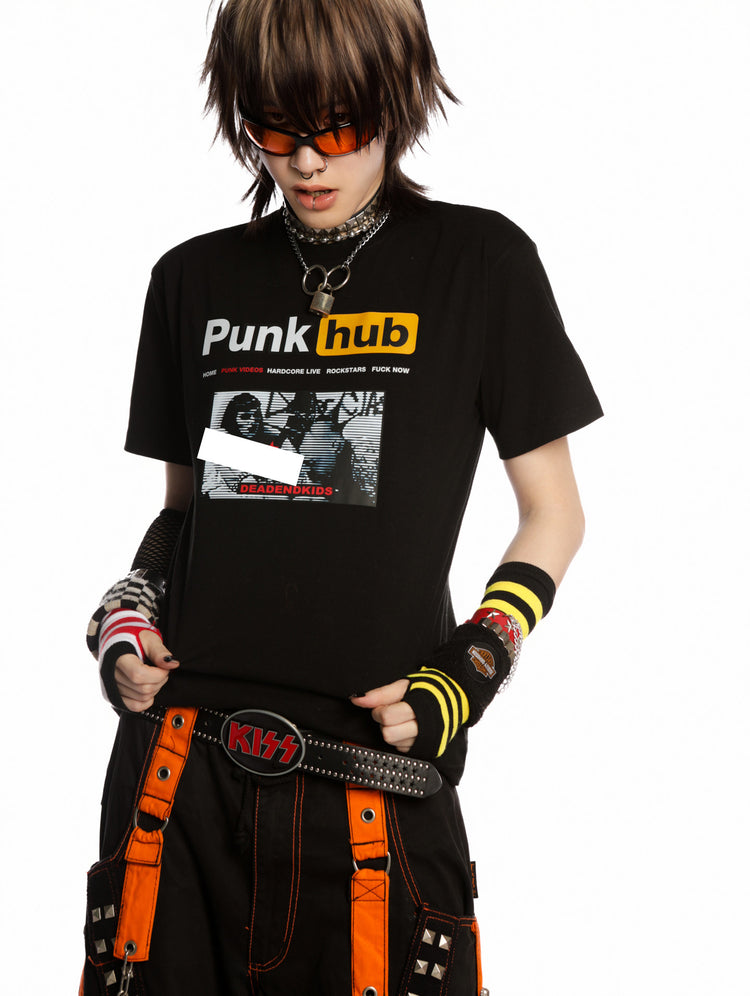 DeadEndKids PunkHub black graphic T-shirt — looking-down gallery view