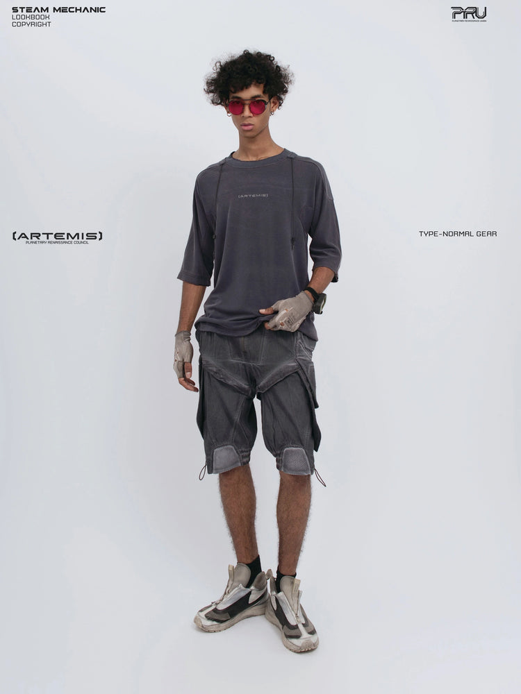 LIGHTSHADOW spirit deconstructed technical tee — full-length angled front view holding the hem