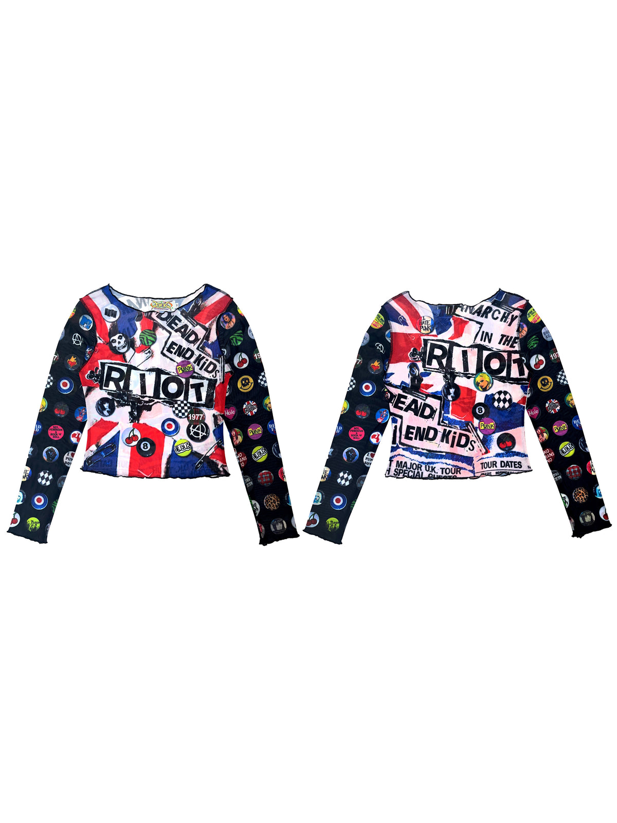 DEADENDKIDS GRAPHIC RIOT fitted mesh top — material and print detail