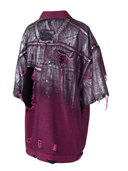PINKSPINK silver-coated distressed denim jacket in WASTELAND PINK — garment-only rear view.