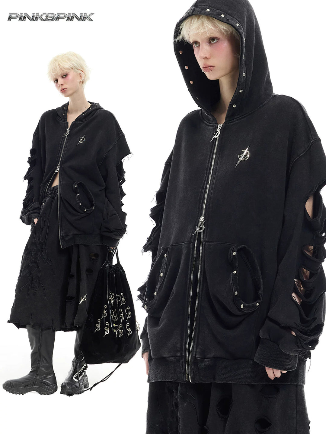 PINKSPINK REMAKE studded distressed zip-up hoodie — cleaned hero collage showing the complete design