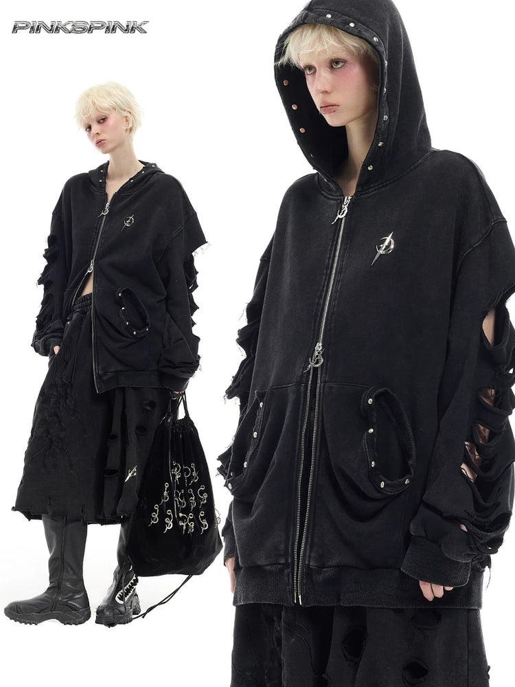 PINKSPINK REMAKE studded distressed zip-up hoodie — cleaned hero collage showing the complete design