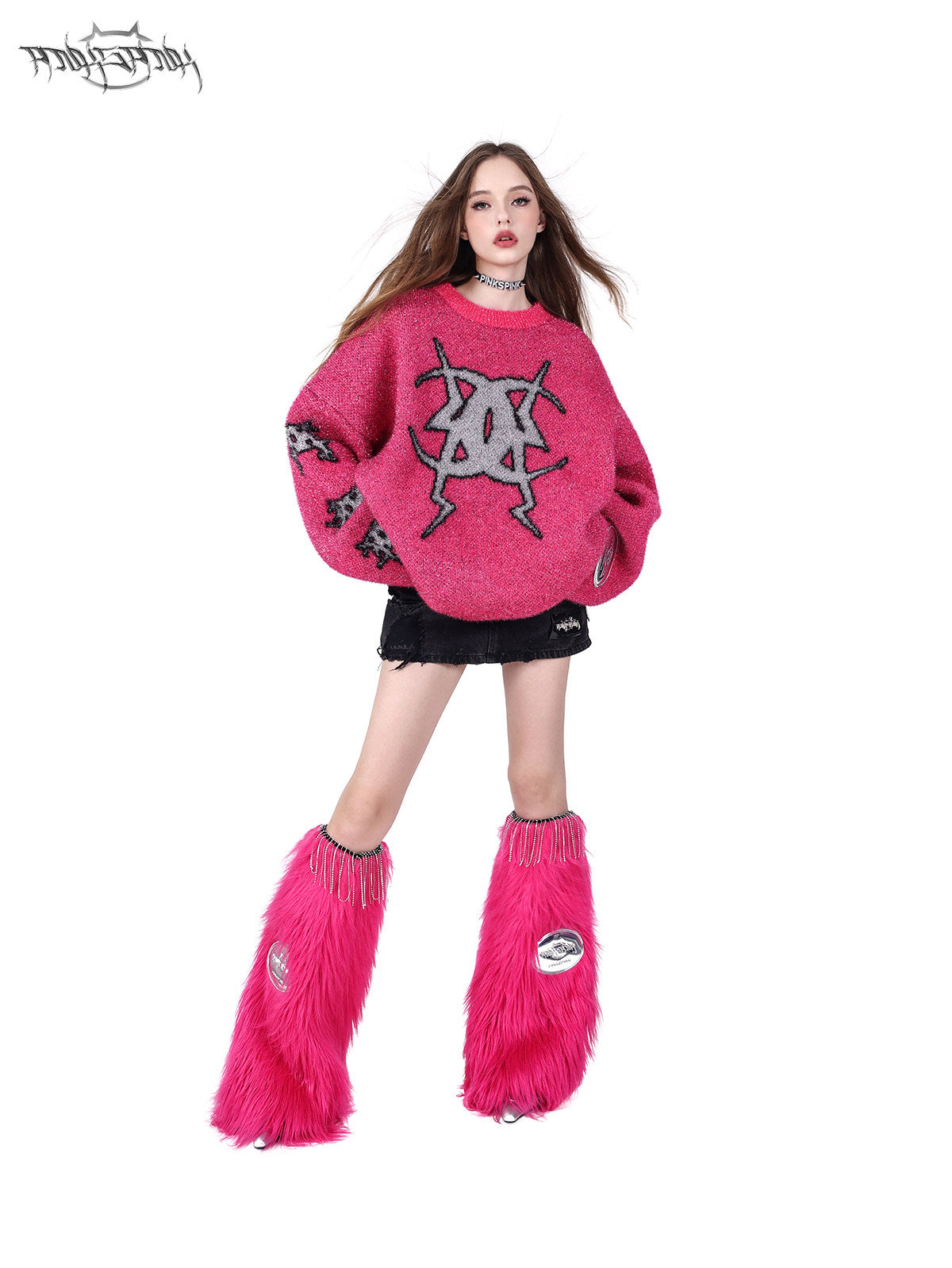PINKSPINK BARBIE PINK rhinestone faux-fur leg warmers — alternate modeled view showing the silhouette