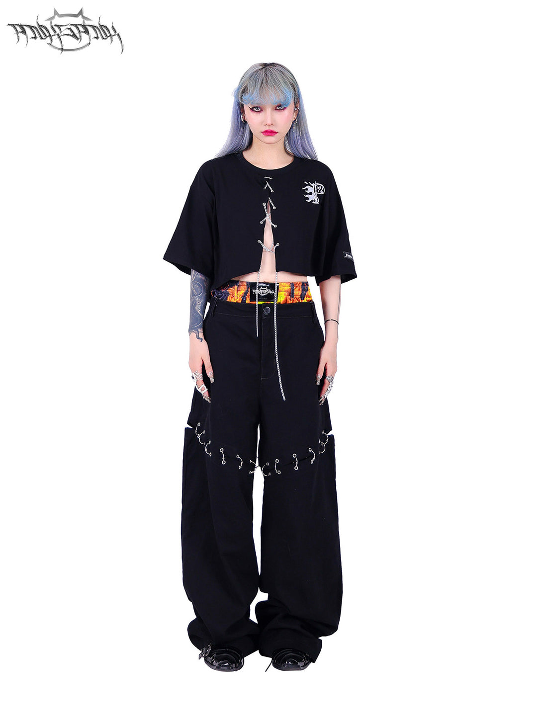 PINKSPINK ELECTRIC MOON double-waist detachable straight-leg pants — close modeled view highlighting the construction