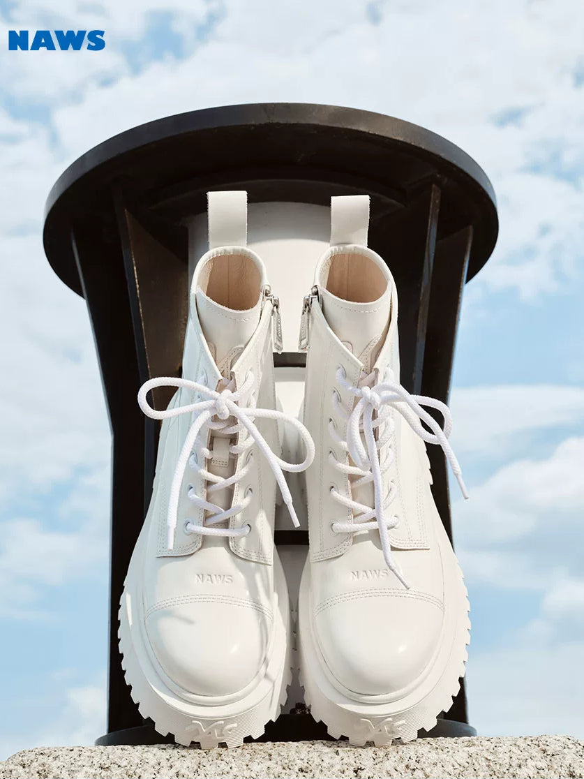 NAWS PORCELAIN GLOW platform leather moto boots — cleaned hero collage showing the complete design