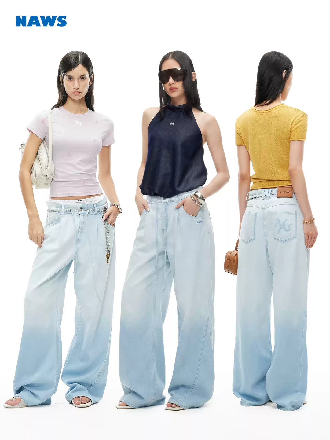NAWS SUMMER VACATION hemp-blend wide-leg jeans — close modeled view highlighting the construction