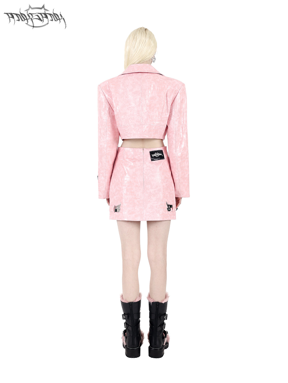PINKSPINK FLAME BUCKLE — Pink jacket and skirt, rear view.