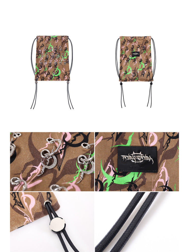 PINKSPINK ELECTRIC MOON camouflage charm drawstring backpack — brown camouflage — front and back bag views with hardware and cord close-ups