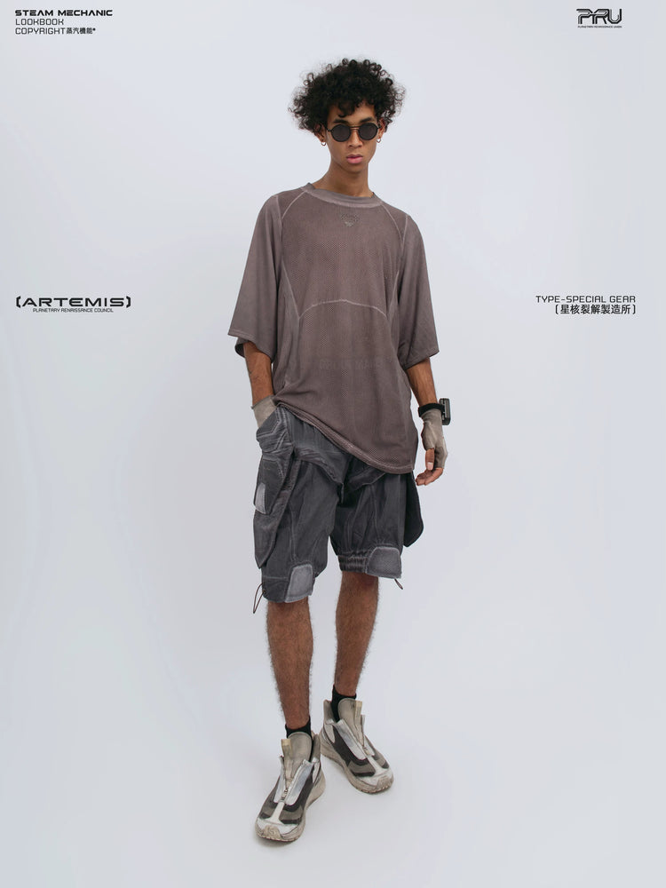 STARFIELD WELDER dust mist purple distressed mesh tee — full-length styled view