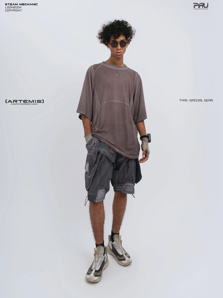 STARFIELD WELDER dust mist purple distressed mesh tee — full-length front view with one hand in a pocket