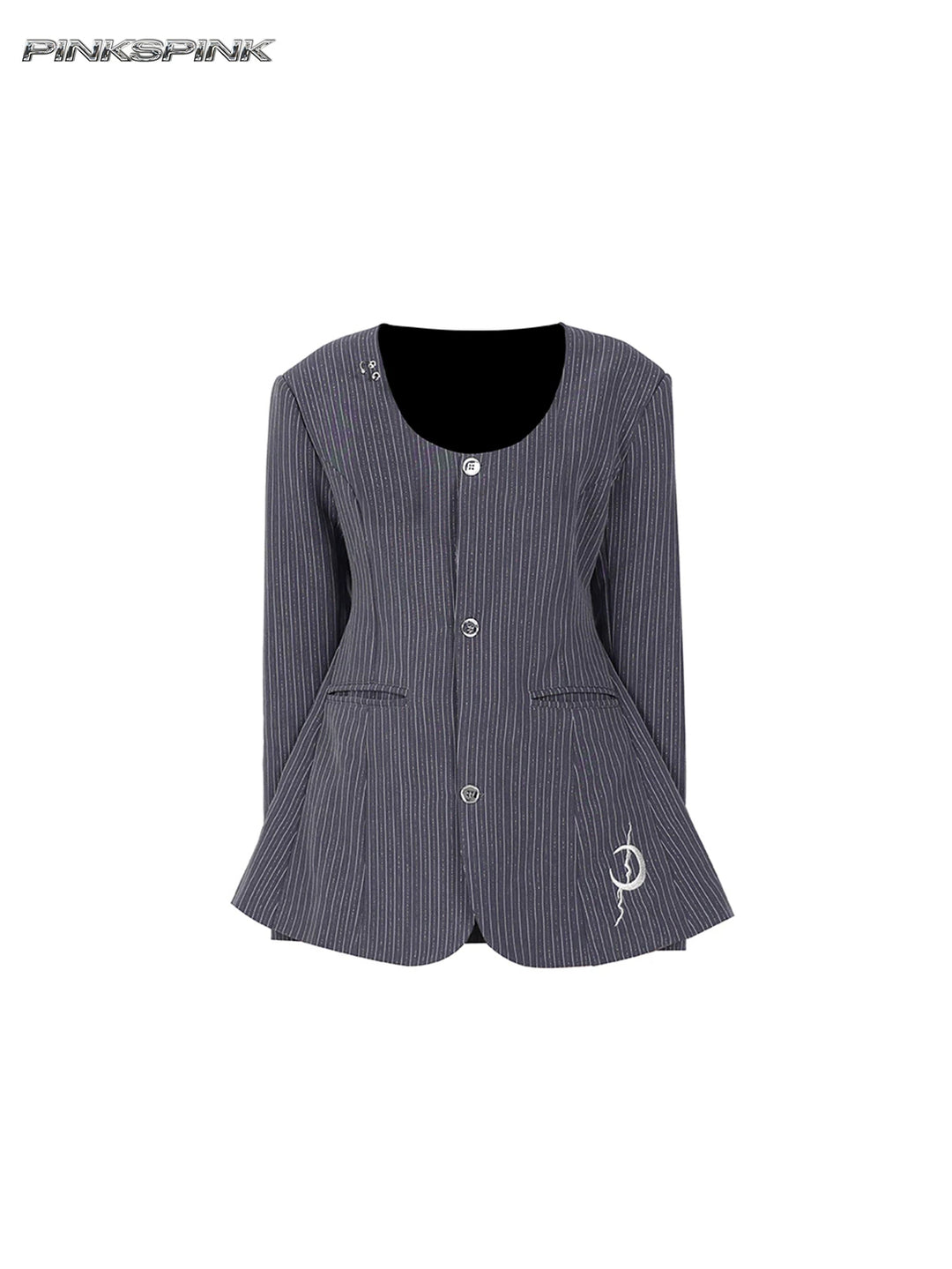 PINKSPINK ELECTRIC MOON pinstripe ring-detail blazer dress in gray pinstripe — garment-only front view showing the rounded neckline and crescent embroidery