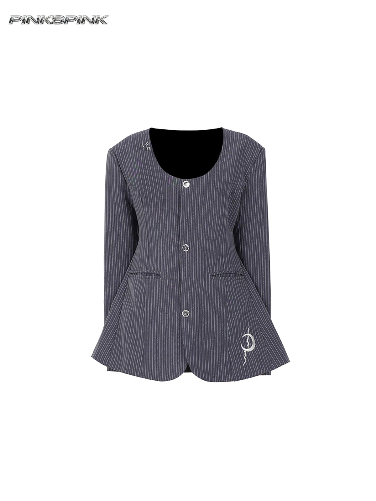 PINKSPINK ELECTRIC MOON pinstripe ring-detail blazer dress in gray pinstripe — garment-only front view showing the rounded neckline and crescent embroidery