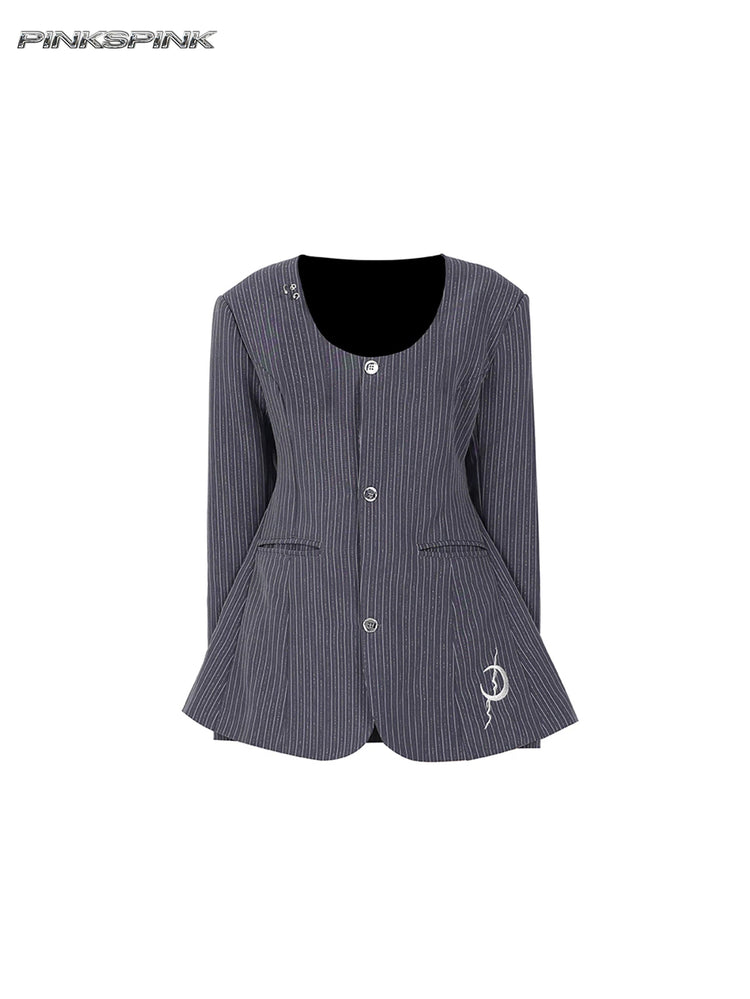 PINKSPINK ELECTRIC MOON pinstripe ring-detail blazer dress in gray pinstripe — garment-only front view showing the rounded neckline and crescent embroidery