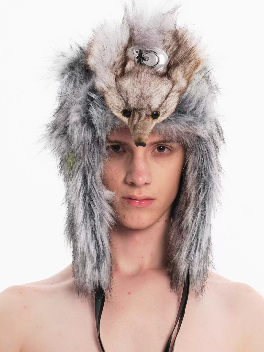 EMBRYO GRAY BEAST bone-detail faux-fur hat — front product presentation