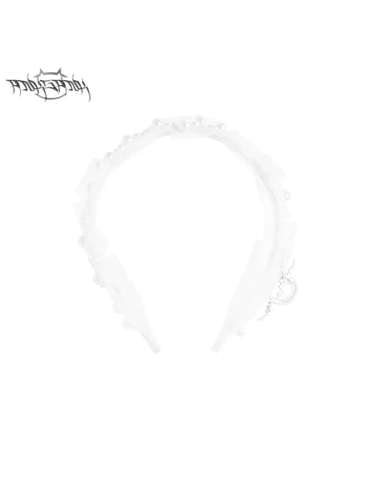 PINKSPINK FAIRY pearl-trim lace headband — garment-only view of the white lace headband