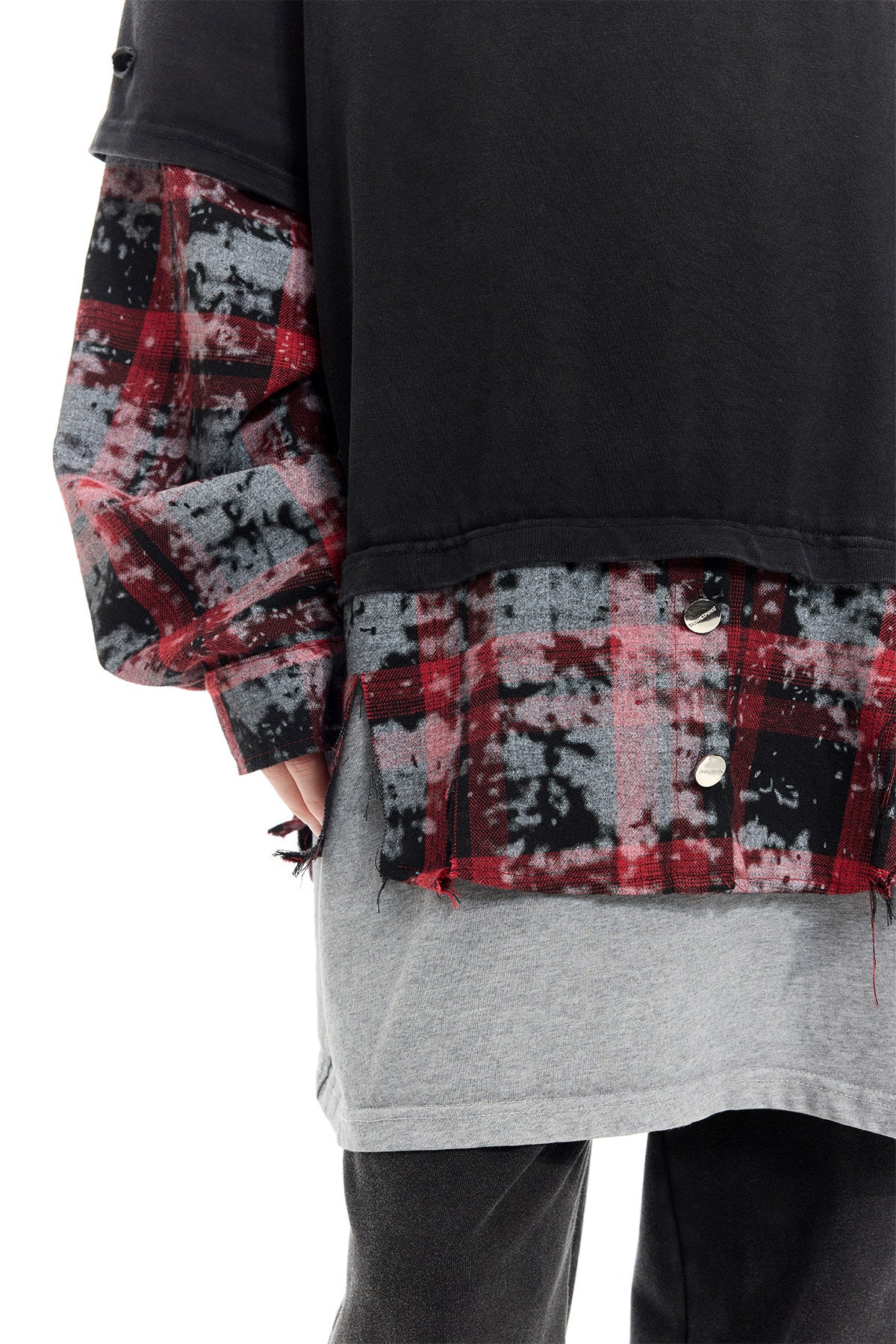 PINKSPINK REMAKE triple-layer plaid hoodie — black and red plaid hoodie — plaid cuffs, buttons and layered hem detail