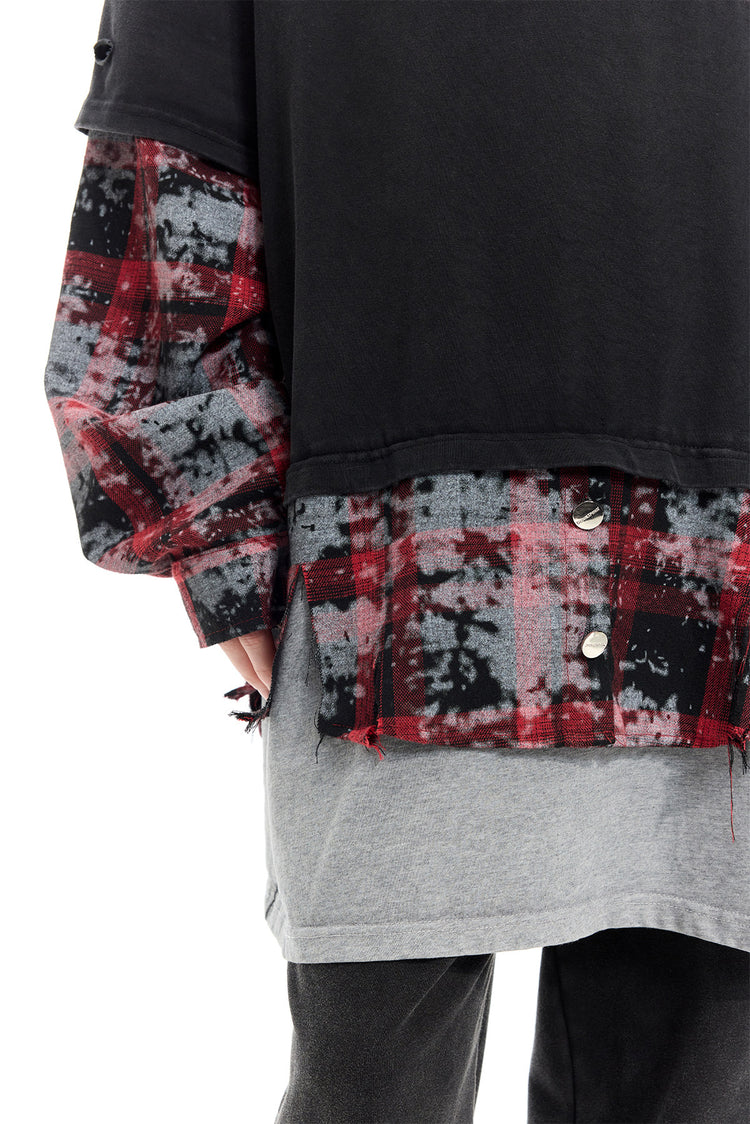 PINKSPINK REMAKE triple-layer plaid hoodie — black and red plaid hoodie — plaid cuffs, buttons and layered hem detail