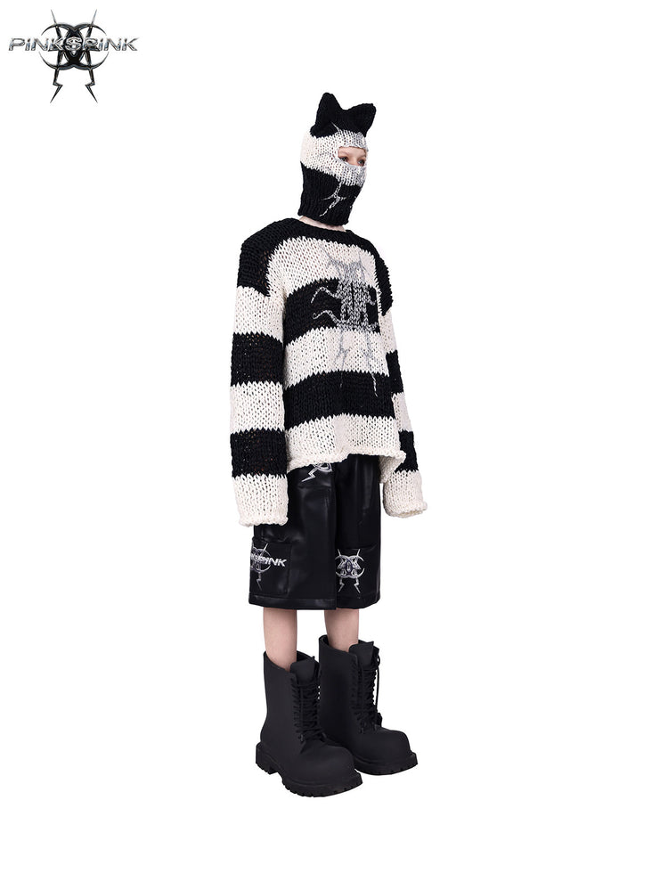 PINKSPINK MIRROR striped open-knit padded-shoulder sweater in black white stripes — angled front modeled view with the matching balaclava