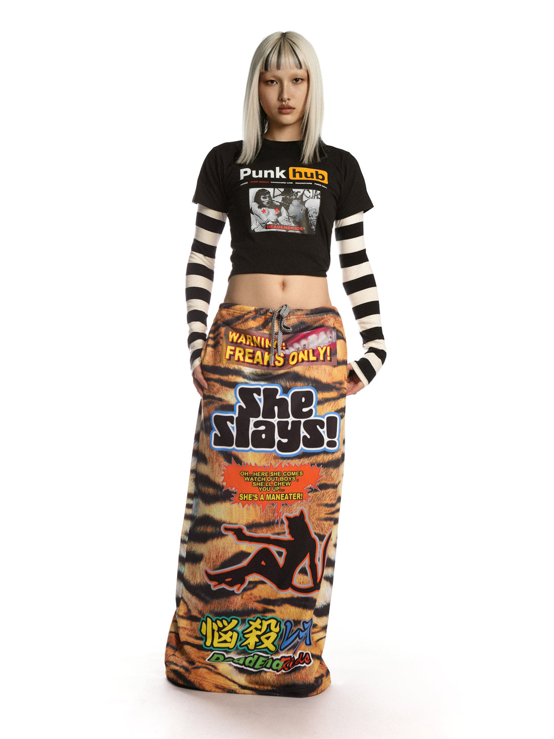 DEADENDKIDS TIGER RIOT graphic maxi skirt — construction detail