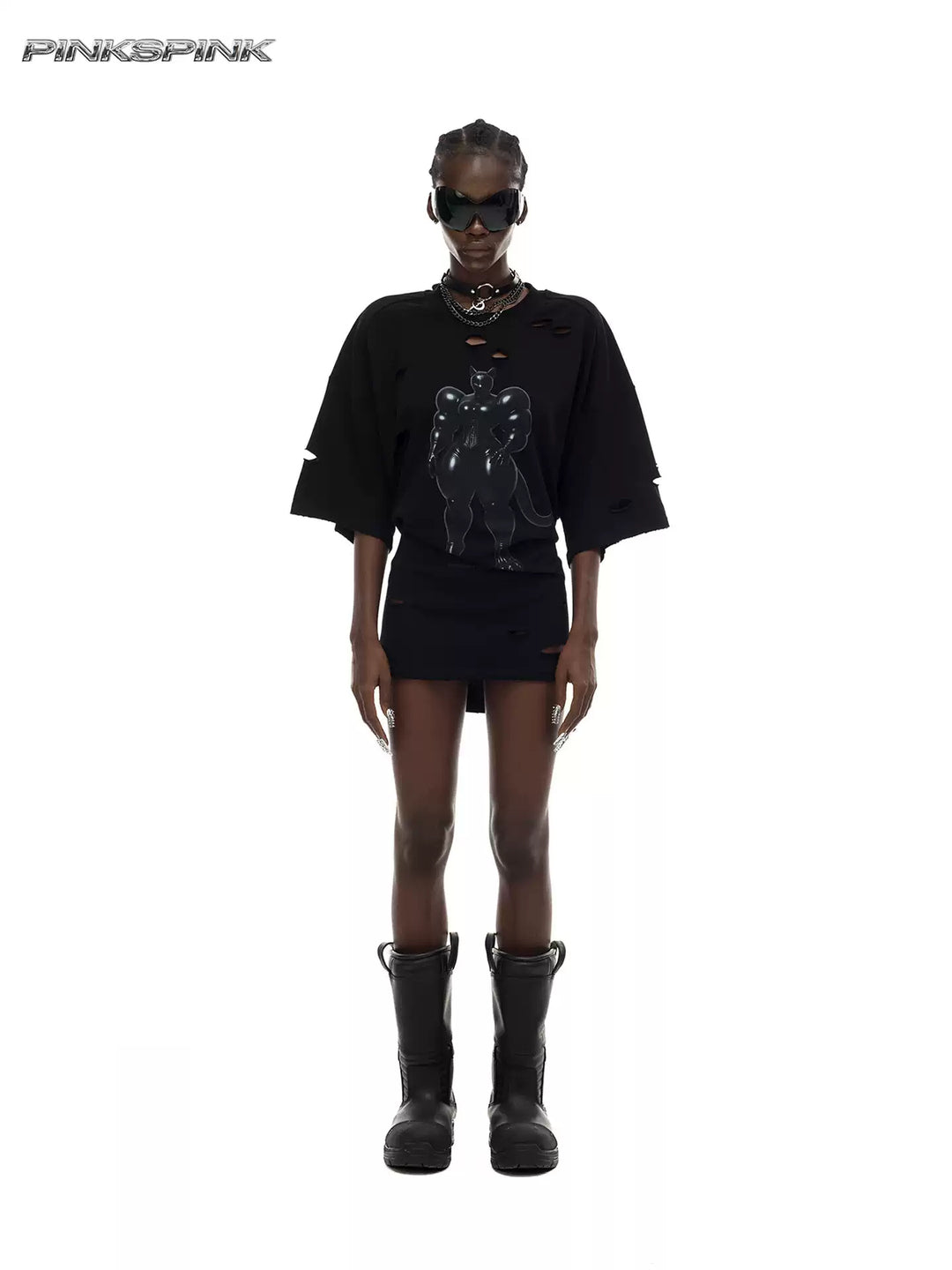 PINKSPINK FUTURE CAT distressed oversized tee in black — front full-length modeled view with the waist cinched