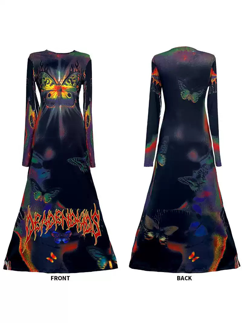 DEADENDKIDS BUTTERFLY GOTH fitted long-sleeve maxi dress — alternate styled presentation