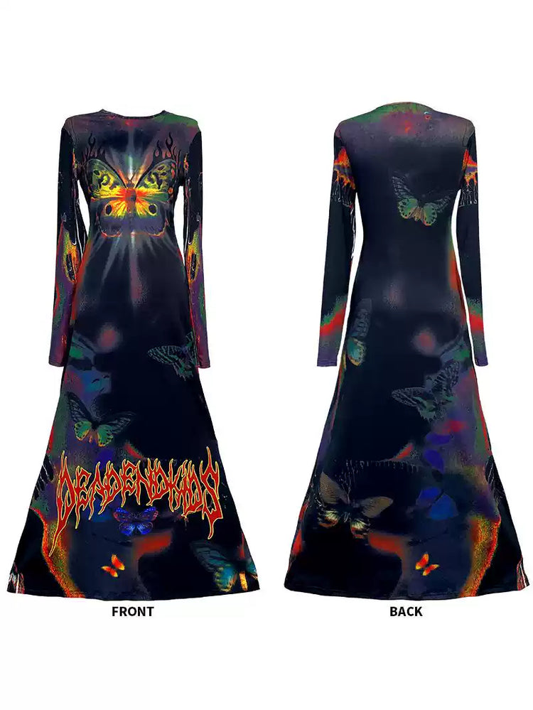 DEADENDKIDS BUTTERFLY GOTH fitted long-sleeve maxi dress — alternate styled presentation