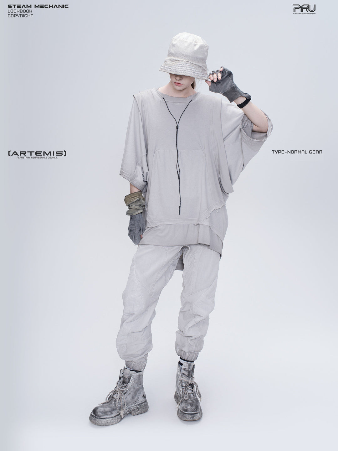 PIONEER eris white distressed nylon bucket hat — full-length modeled view with one hand on the brim