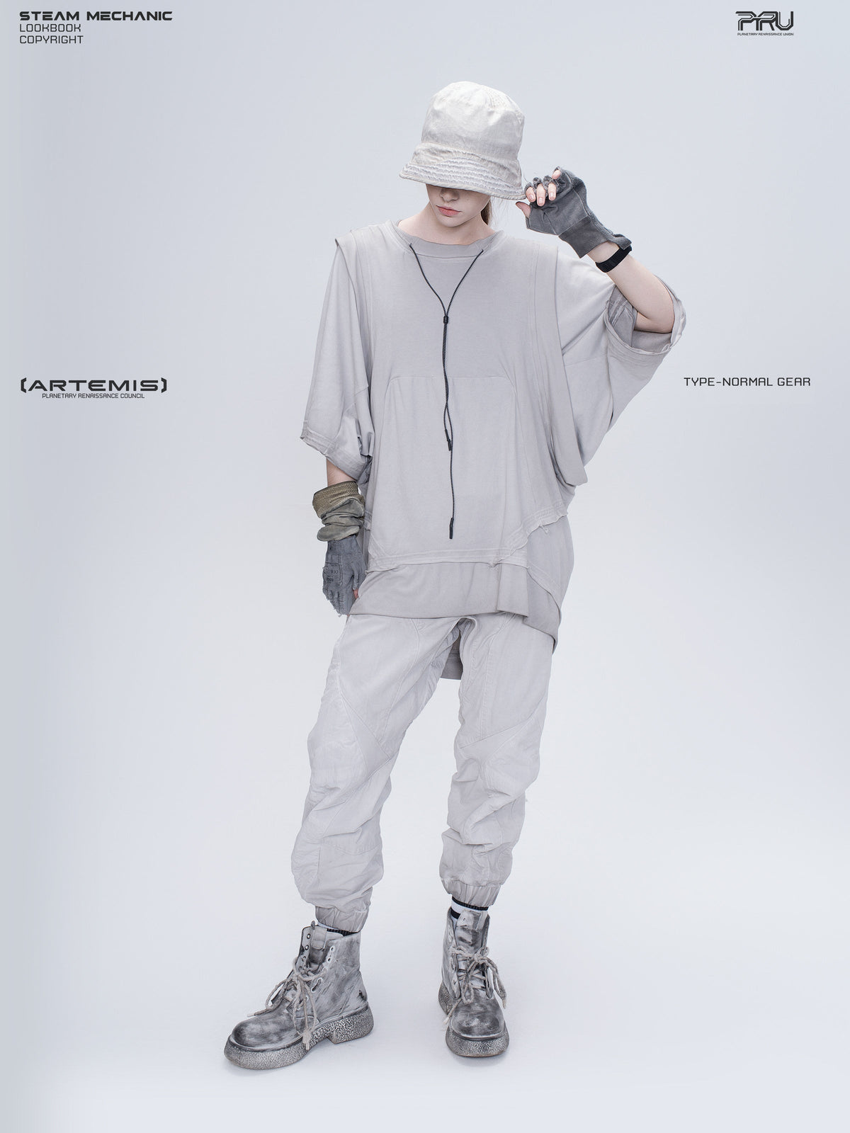 PIONEER eris white distressed nylon bucket hat — full-length modeled view with one hand on the brim