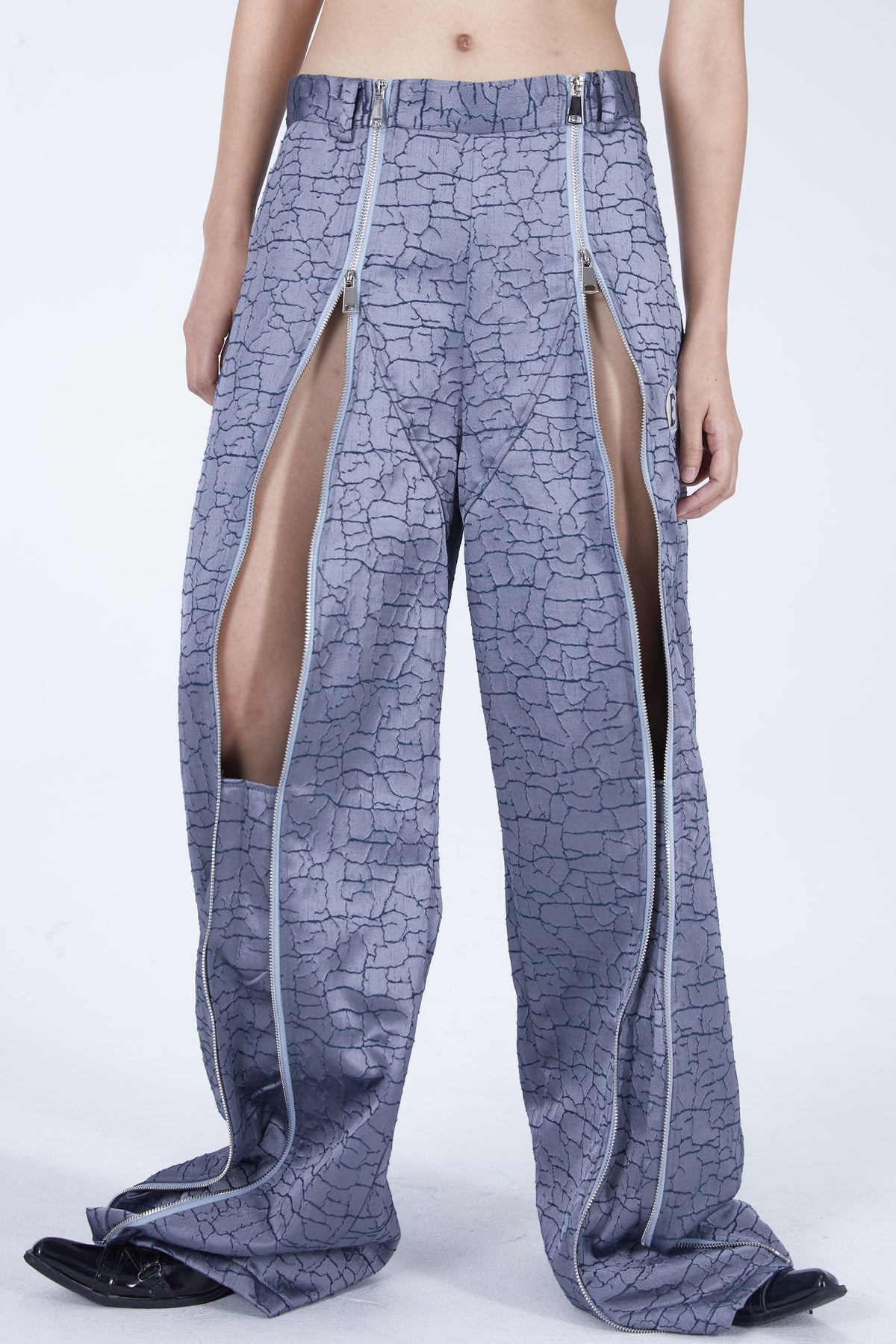 EMBRYO FIVE POISONS luminous-zip crackle flare pants — product-only rear view