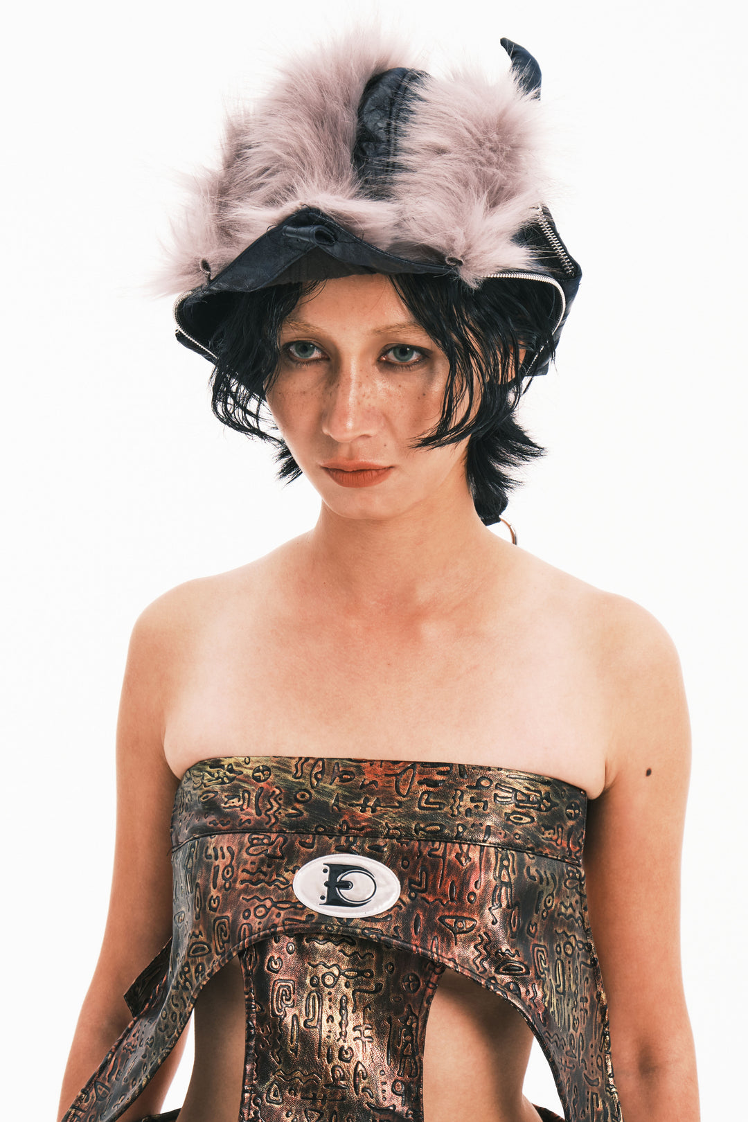 EMBRYO HORNFORM faux-fur hat & bag — material and hardware detail