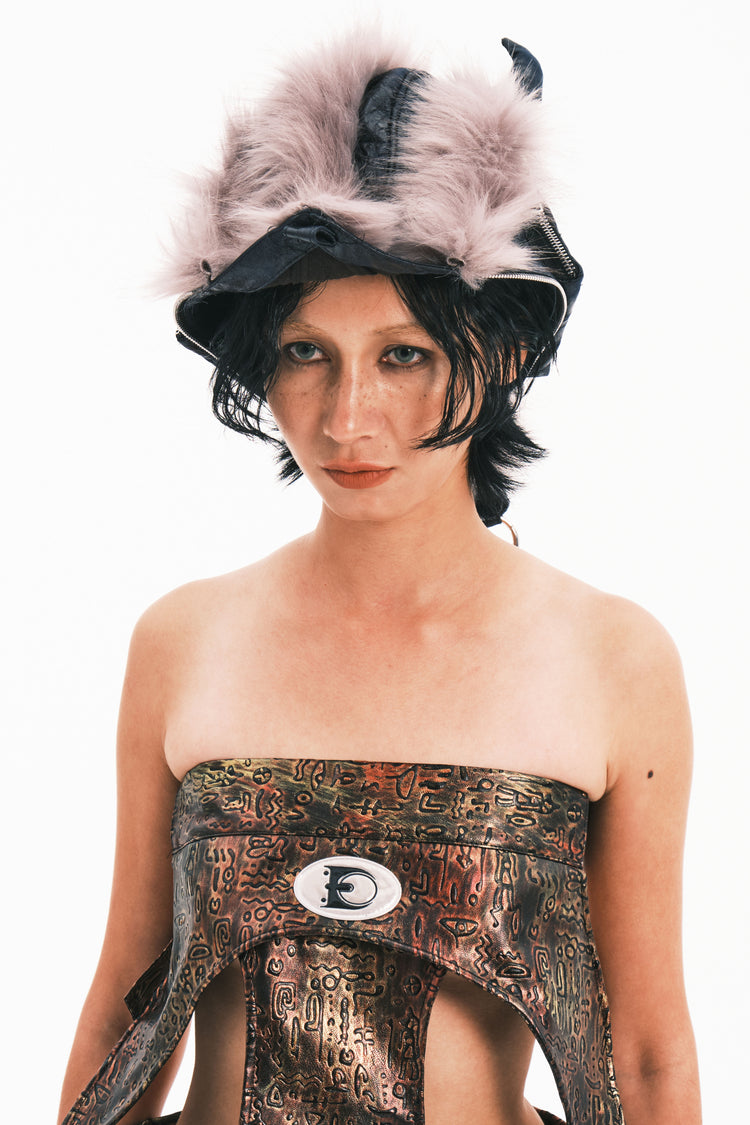 EMBRYO HORNFORM faux-fur hat & bag — material and hardware detail
