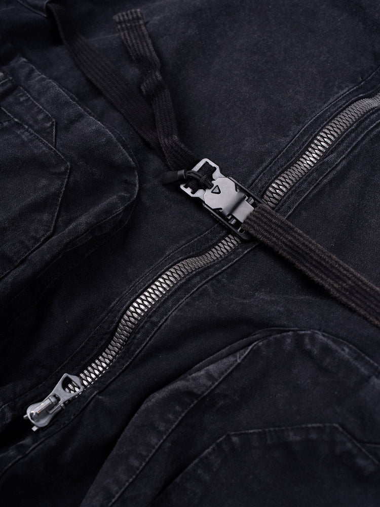 GAIA night black priest zip robe jacket — waist buckle and front zipper construction close-up