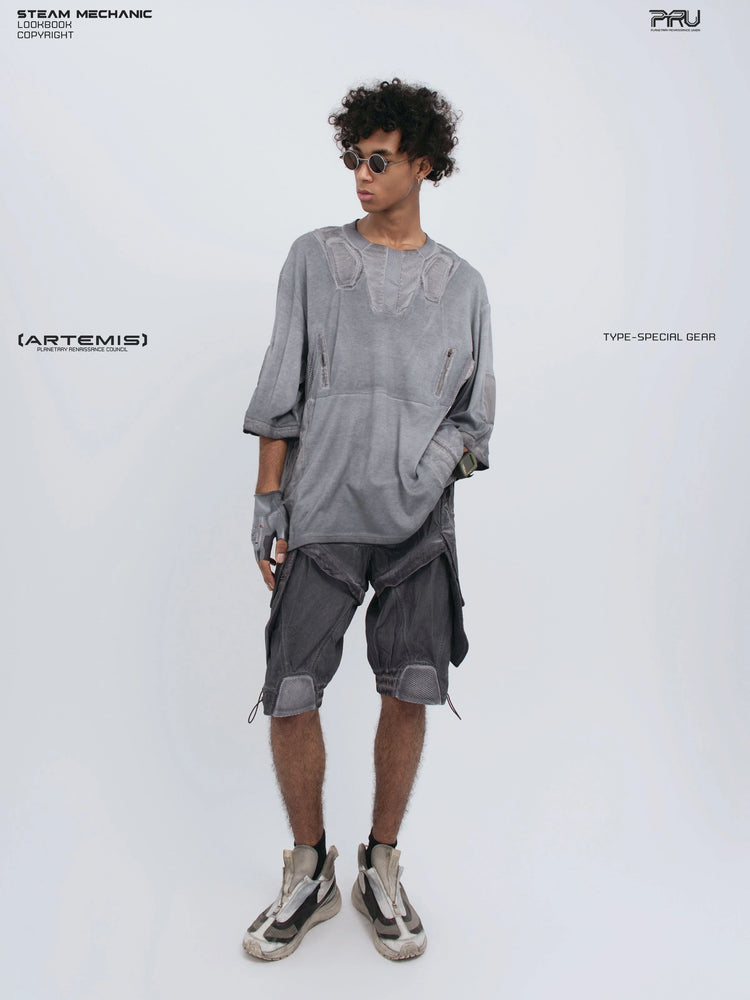 STARCORE stellar blue distressed mesh tee — full-length front view looking to the side