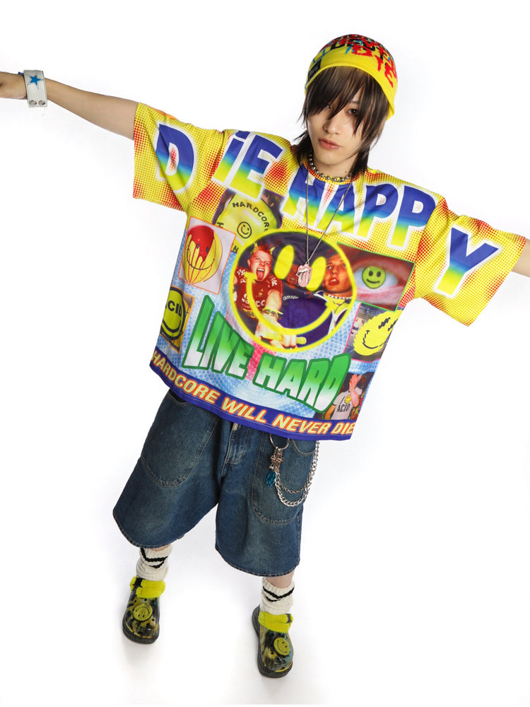 DEADENDKIDS GOOD TIMES heavyweight graphic tee — close modeled view
