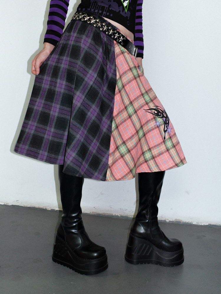 DeadEndKids BadGals Club double-sided plaid A-line skirt — pink-purple three-quarter front view