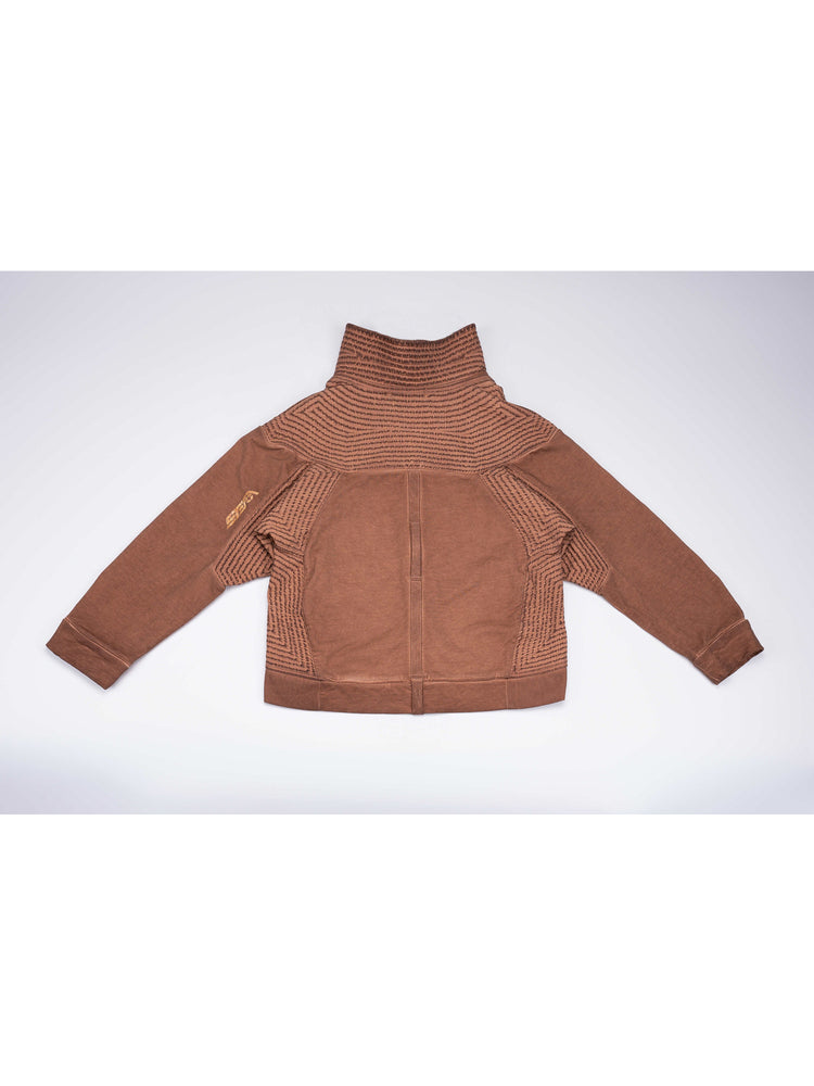 PIONEER venus orange distressed protection zip jacket — back flat-lay view showing the pleated yoke and sleeve logo