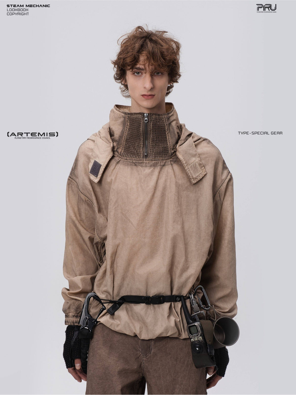 PIONEER detachable-hood mesh hoodie in mercury brown — close modeled front view showing the mesh zip collar