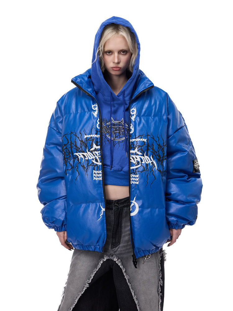 PINKSPINK MOTORBLOC padded faux-leather jacket — Klein blue front modeled view with hands in pockets