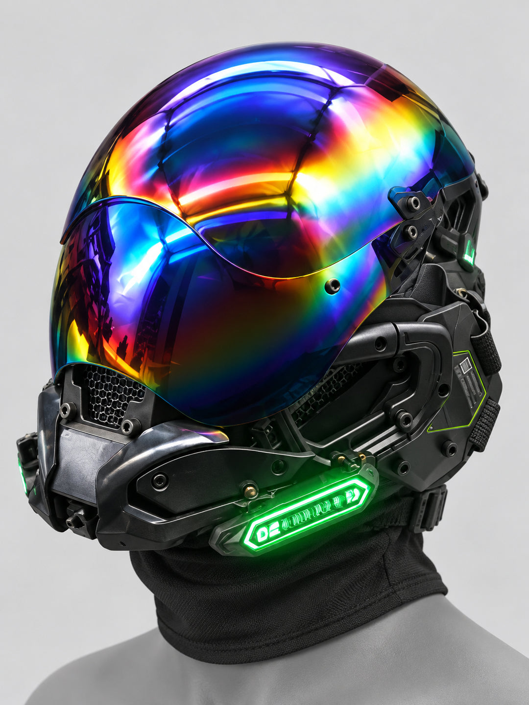 FOCKSHOP VOID illuminated tactical mask — clean iridescent green-white light product view