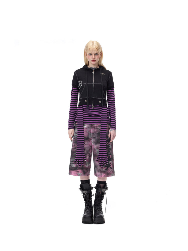 PINKSPINK GHOSTHAND striped glove-sleeve tee in purple and black — centered full-length front outfit with long hand-shaped panels and a separate cropped black hoodie