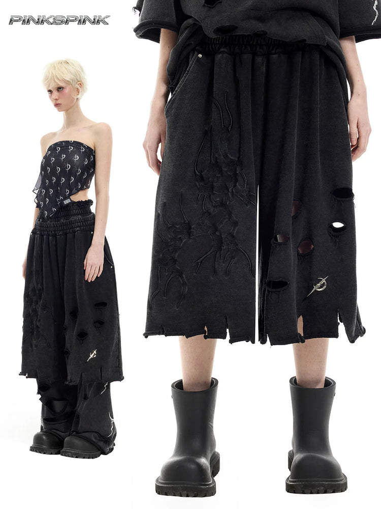PINKSPINK ELECTRIC MOON distressed embroidered wide-leg shorts — black — collage of modeled full-length and embroidery-detail views